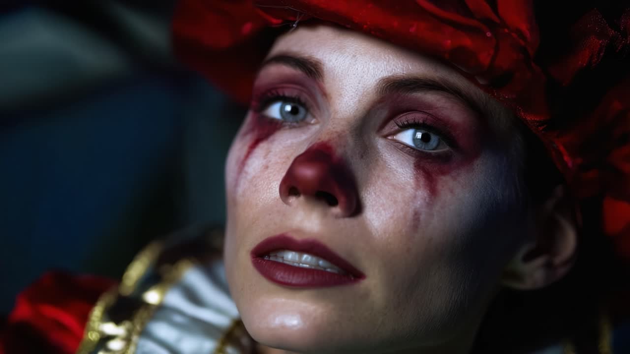 Un ritratto toccante di un clown: cattura la profondità emotiva e le caratteristiche espressive di un artista con trucco sorprendente ed effetti di illuminazione drammatici