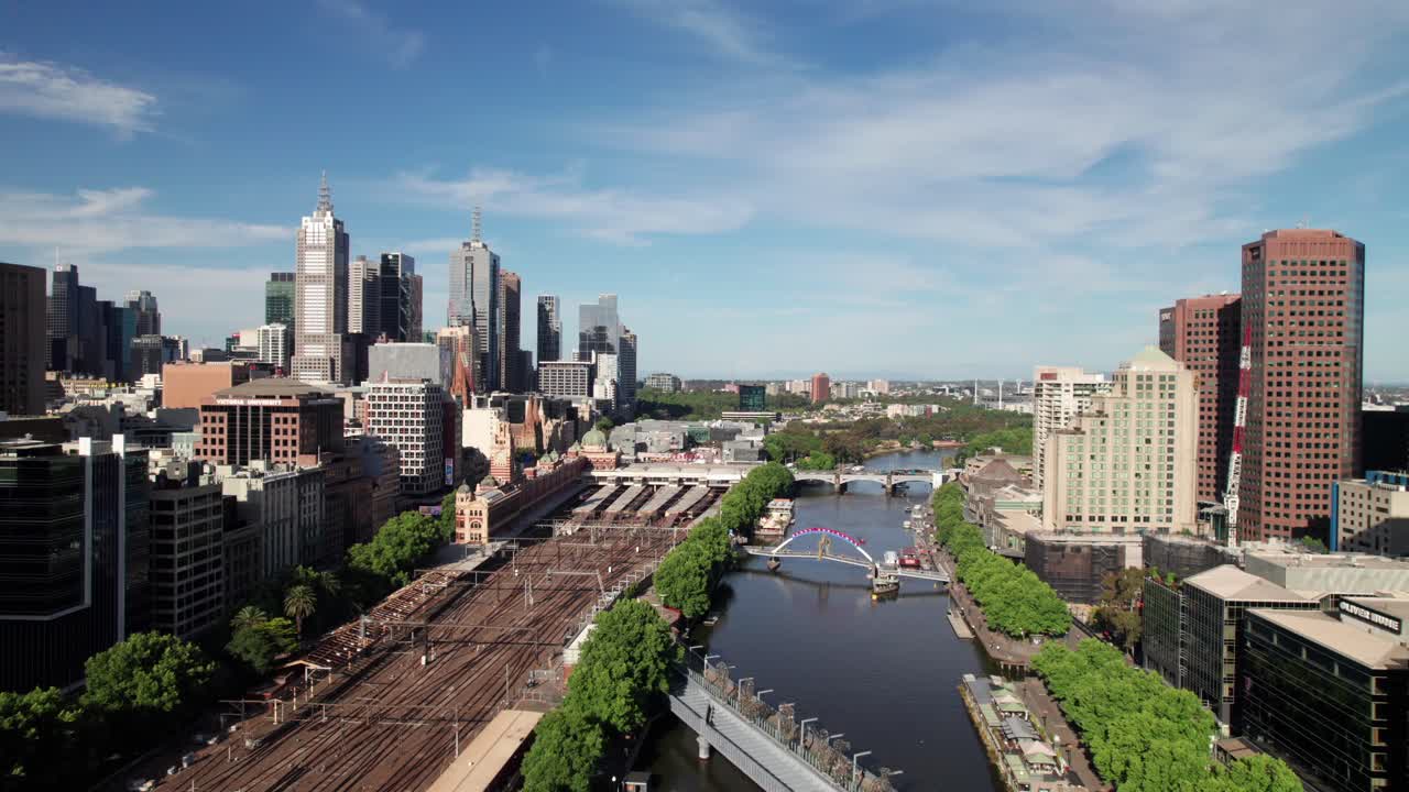 Drone shot of Melbourne skyline, Central Business District and Southbank with Flinders Street Station, 4K