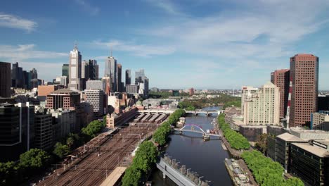 drone shot of melbourne skyline, central business district and southbank with flinders street station, 4k