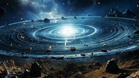 stunning view of a spiral galaxy with swirling stars and asteroids