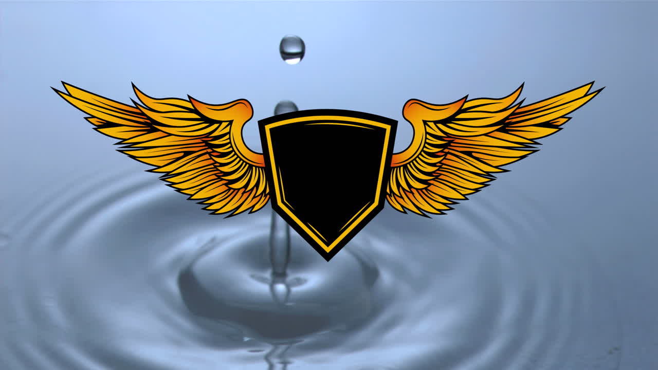 animación de escudo con alas sobre gota cayendo en el agua