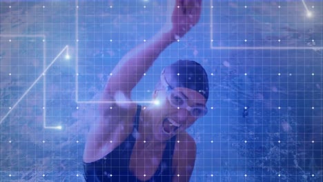 Animation-of-female-swimmer-celebrating-with-glowing-lines-processing