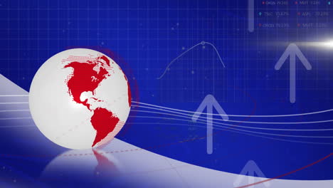 animación del globo con flechas y procesamiento de datos en fondo azul.