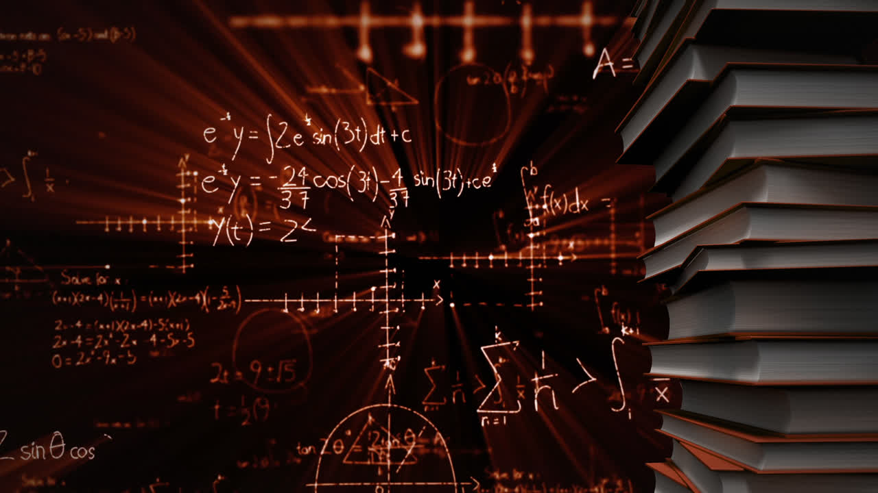Pile of books and mathematical equations and graphs