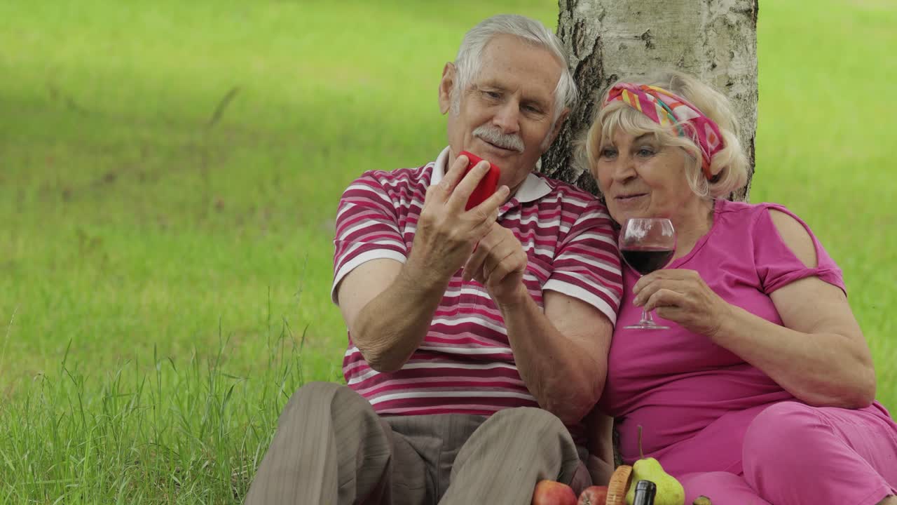 Picnic in famiglia. Coppia di anziani nonni al parco che usano lo smartphone per navigare online e fare acquisti.