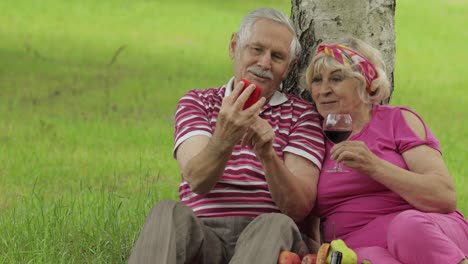 Familienpicknick.-Älteres-Altes-Großelternpaar-Im-Park-Nutzt-Smartphone,-Um-Online-Zu-Surfen-Und-Einzukaufen