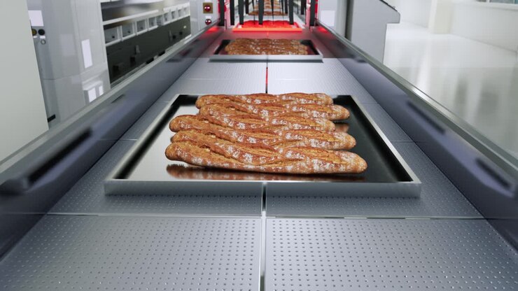 Producing Fresh Bread In An Automated Production Line Conveyor Belt