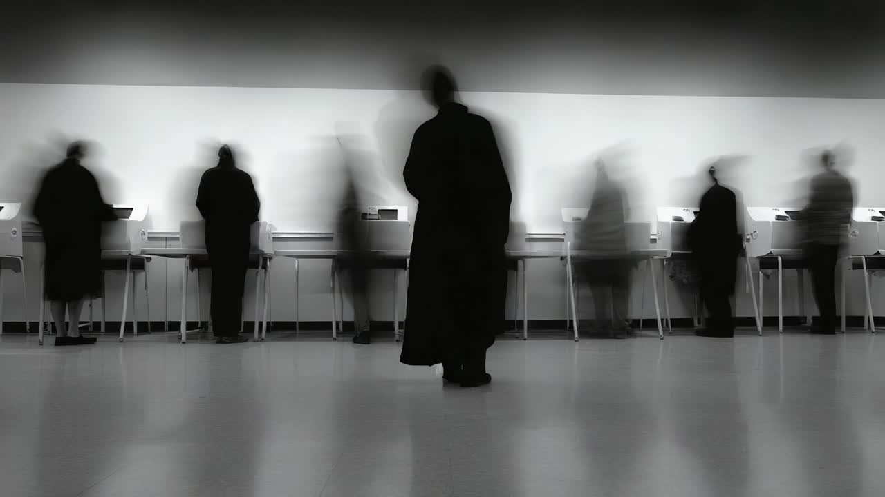 A Mysterious Gathering: Shrouded Figures in Cloaks Move Within a Minimalist Space, Engaging with Modern Stations, Creating a Sense of Intrigue and Anticipation in a Monochrome World