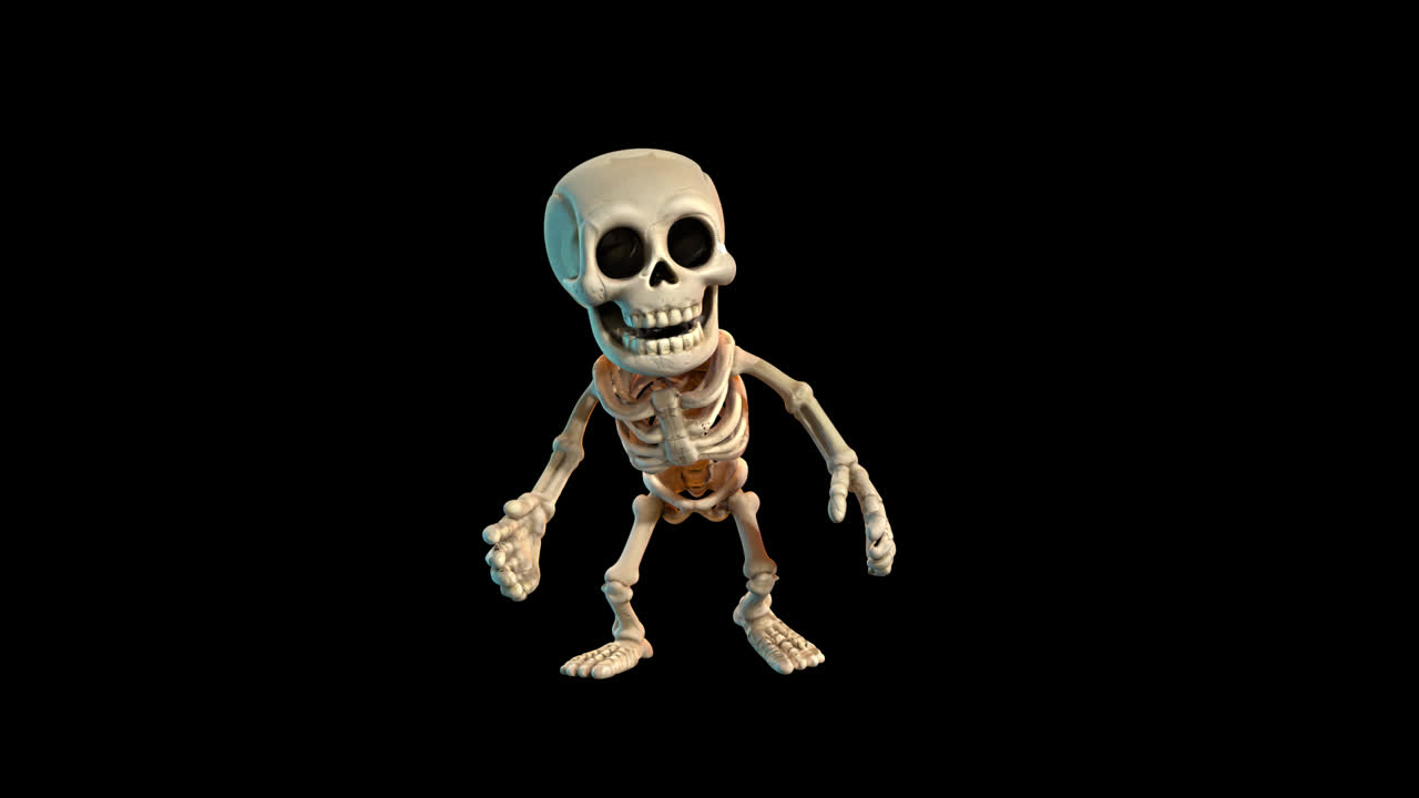 Cartoon Skeleton Character Dancing and Shuffling on Black Background