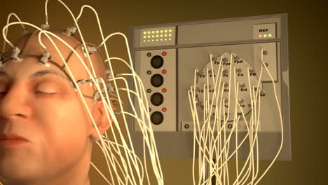 man wired to an eeg machine or electroencephalograph which produces a graphical record of electrical activity of the human brain. perfect animation for any science or medically related purposes. hd