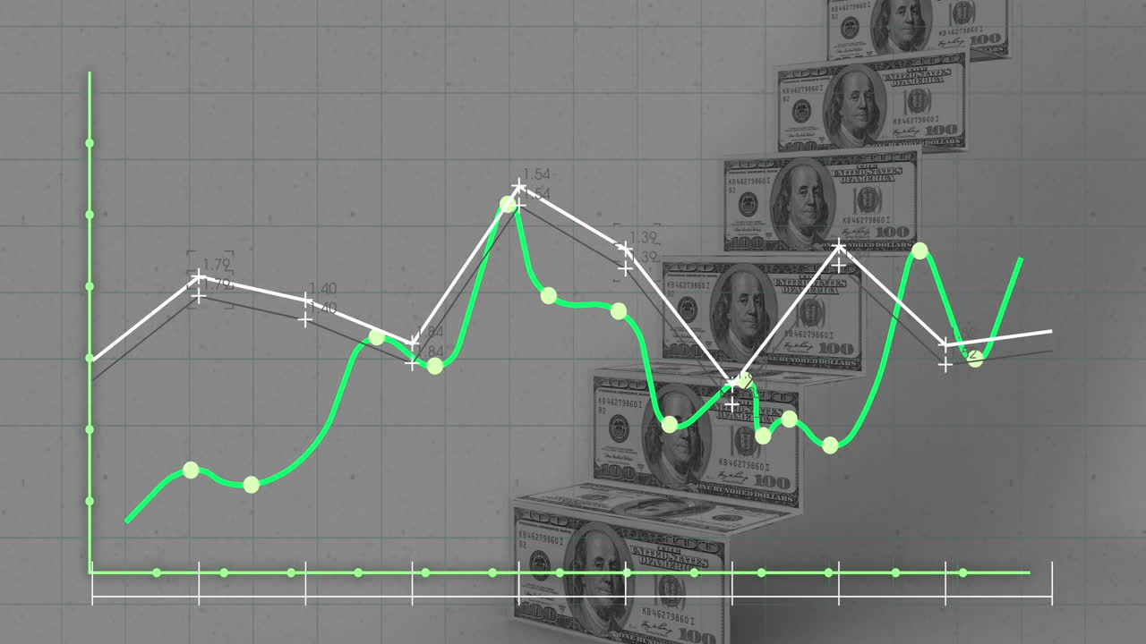 animación del procesamiento de datos financieros sobre billetes de dólares estadounidenses