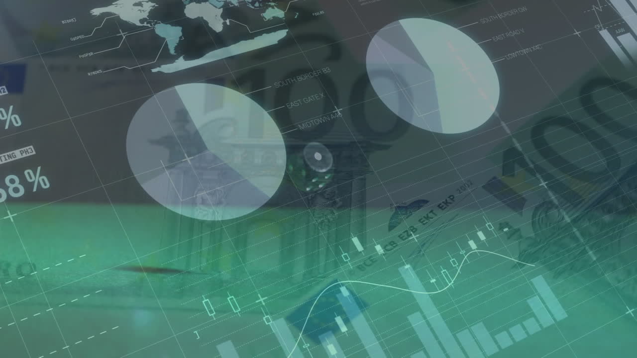 animación del procesamiento de datos financieros sobre dados y billetes en euros sobre fondo verde
