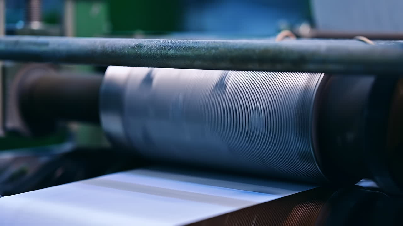 Factory automated mechanism. Beginning of the production for making diapers.