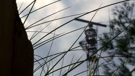 torre de radar militar desenfocada detrás de pastos enfocados