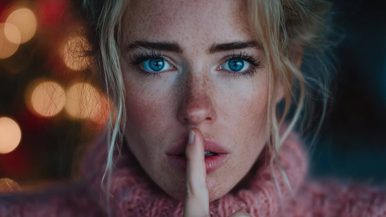 A Subtle Whisper: An Intimate Portrait of a Woman with Striking Blue Eyes and a Soft Expression, Emphasizing the Theme of Silence and Reflection in a Cozy Atmosphere
