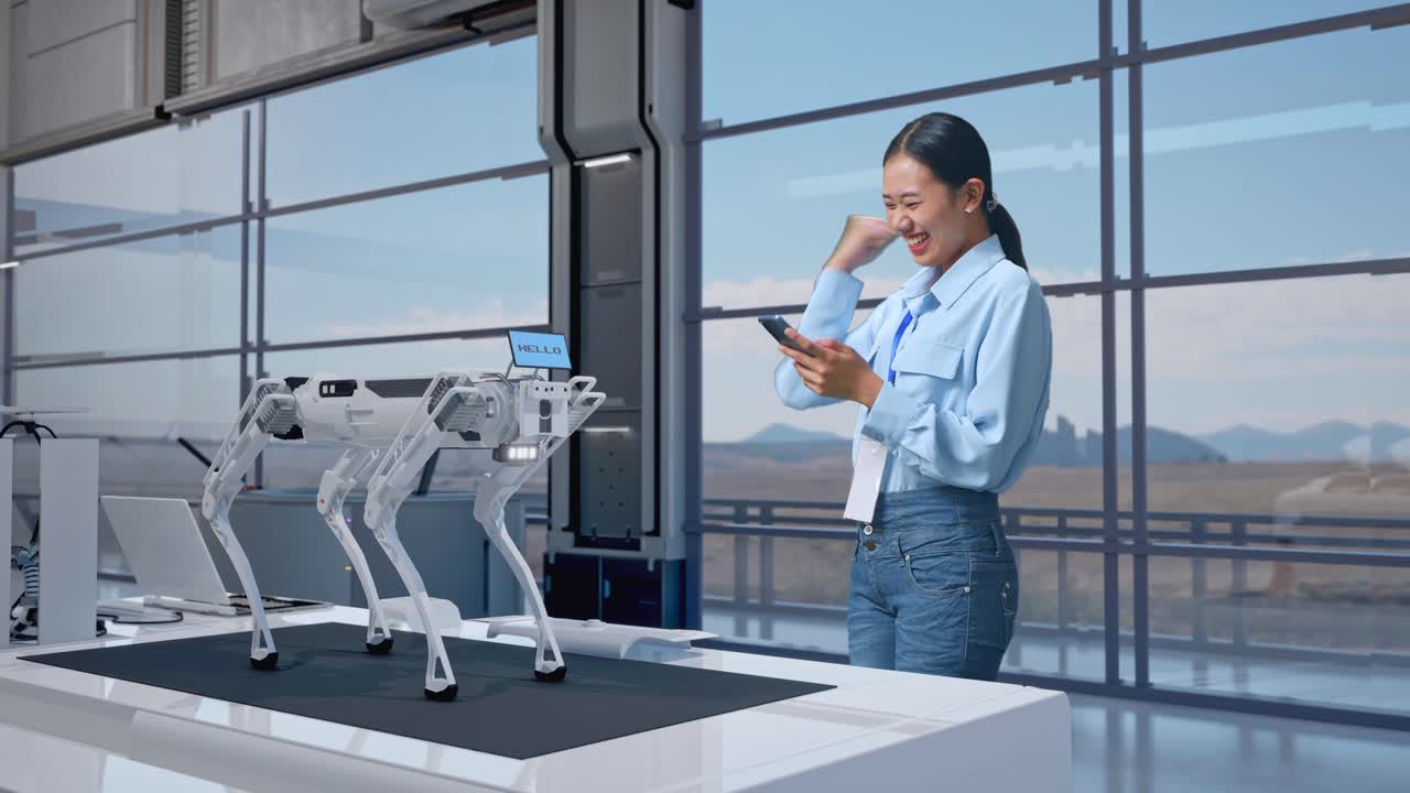una mujer interactúa con un perro robótico en un laboratorio moderno.