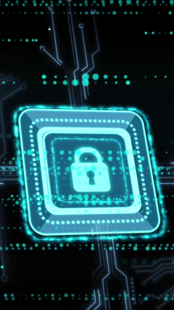 Animazione di un'icona di lucchetto di sicurezza, connessioni di microprocessori e scie luminose