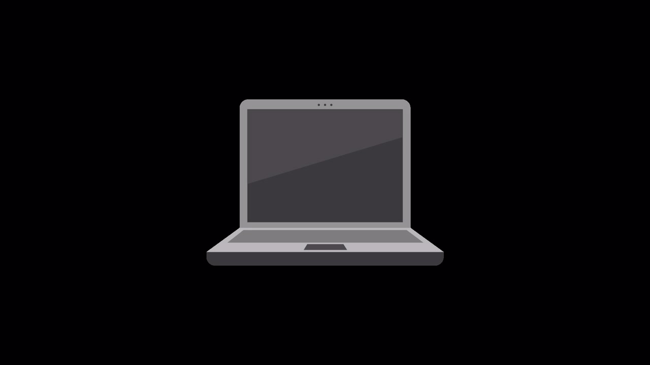 Laptop animato 2D che appare e ruota su sfondo nero