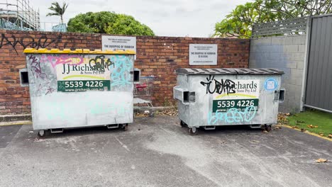 graffiti-covered trash bins in an urban alley