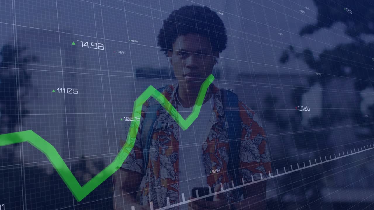 Male student tapping smartphone and starting finance overlay, checking green line chart and smiling