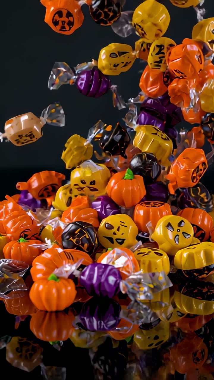 Video verticale: caramelle di Halloween che rimbalzano e rotolano su un tavolo nero, formando un mucchio