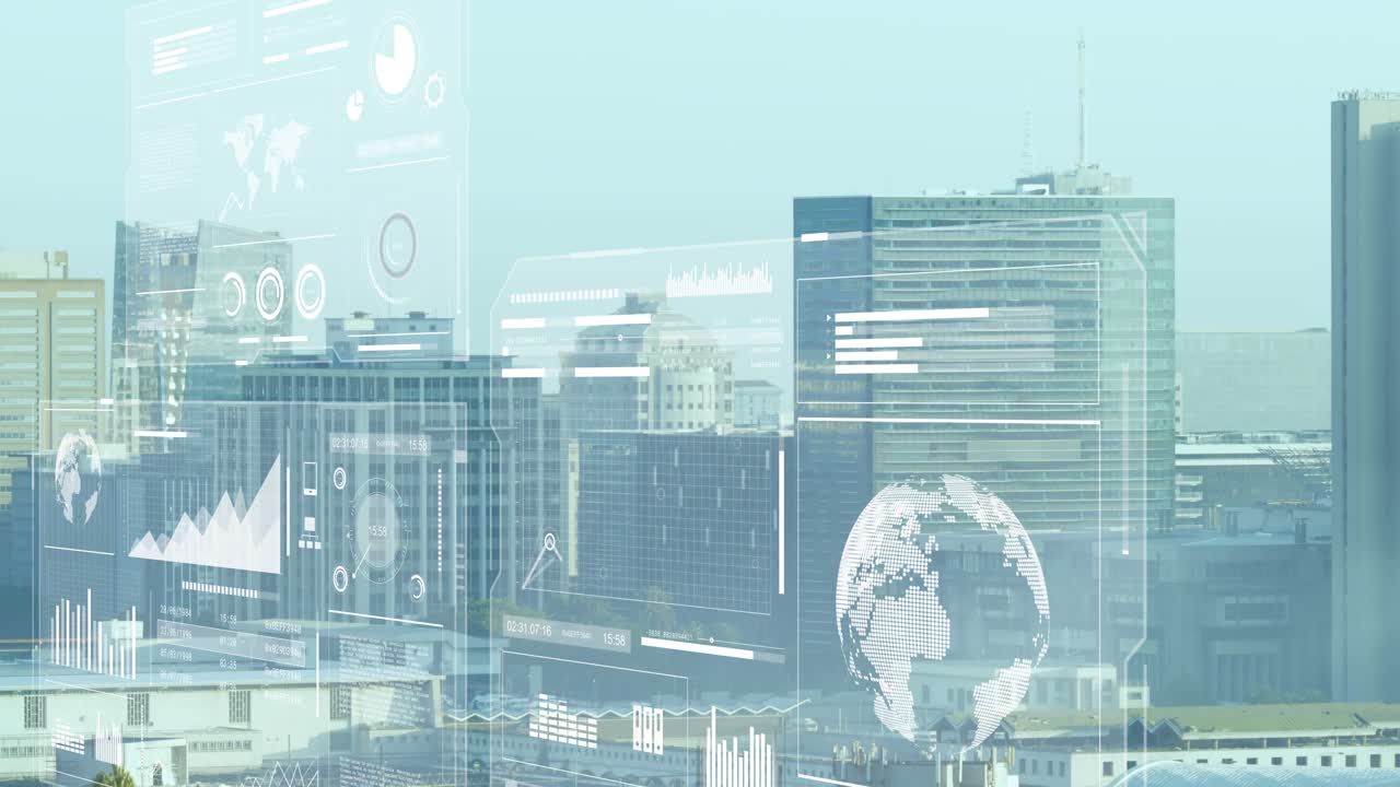 On startup holo panels sliding right, line charts rising and gauges pulsing, showing city metrics