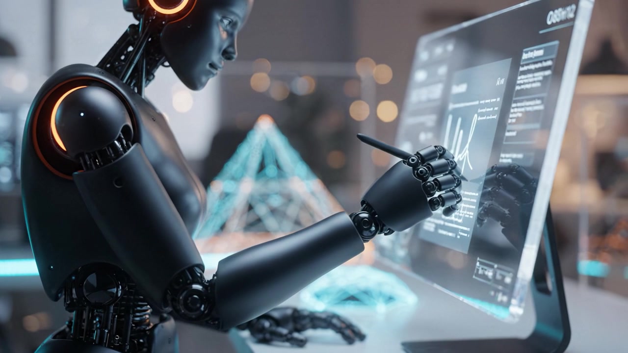 A futuristic robot engages with advanced technology while analyzing data on a high-tech holographic screen, showcasing the integration of AI in modern tasks and workflows.
