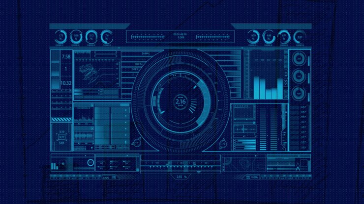 Animasi pemrosesan data di atas diagram dengan latar belakang biru