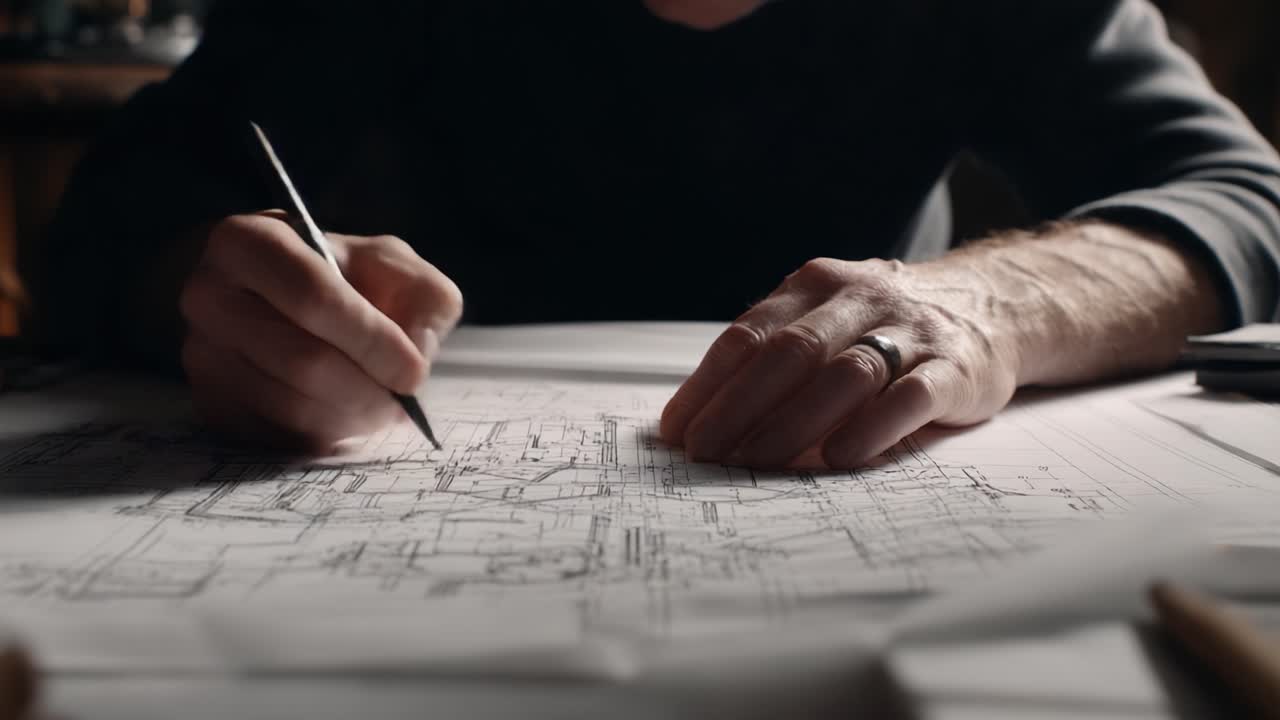 A Focused Artist Capturing Architectural Designs: Detail of Hands at Work While Sketching a Detailed Blueprint on Paper, Combining Precision and Creativity