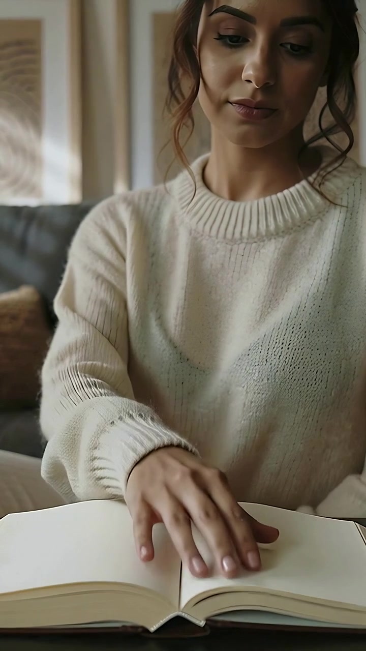 Vertical video: Opening hardcover book, woman in cream knit flattening pages on table to read