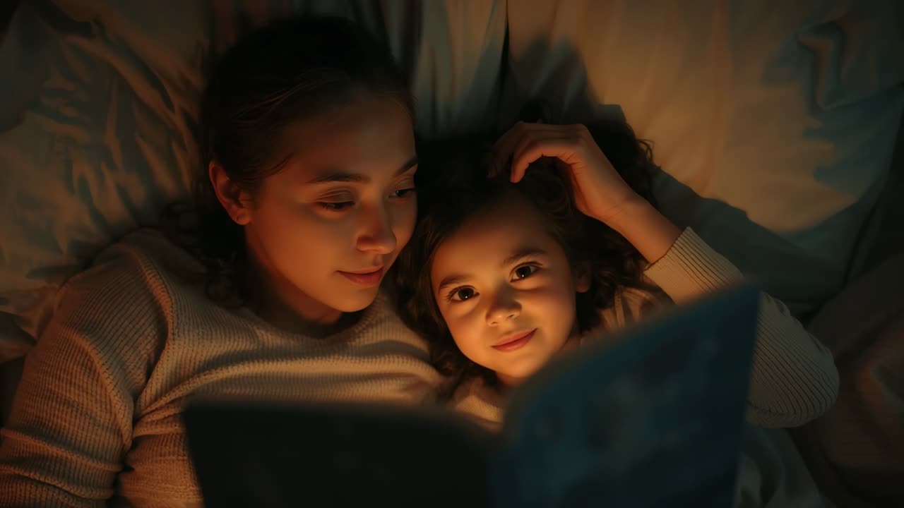 Holding book, mom in sweater reading for bedtime, pages glowing under lamp causing daughter smiling