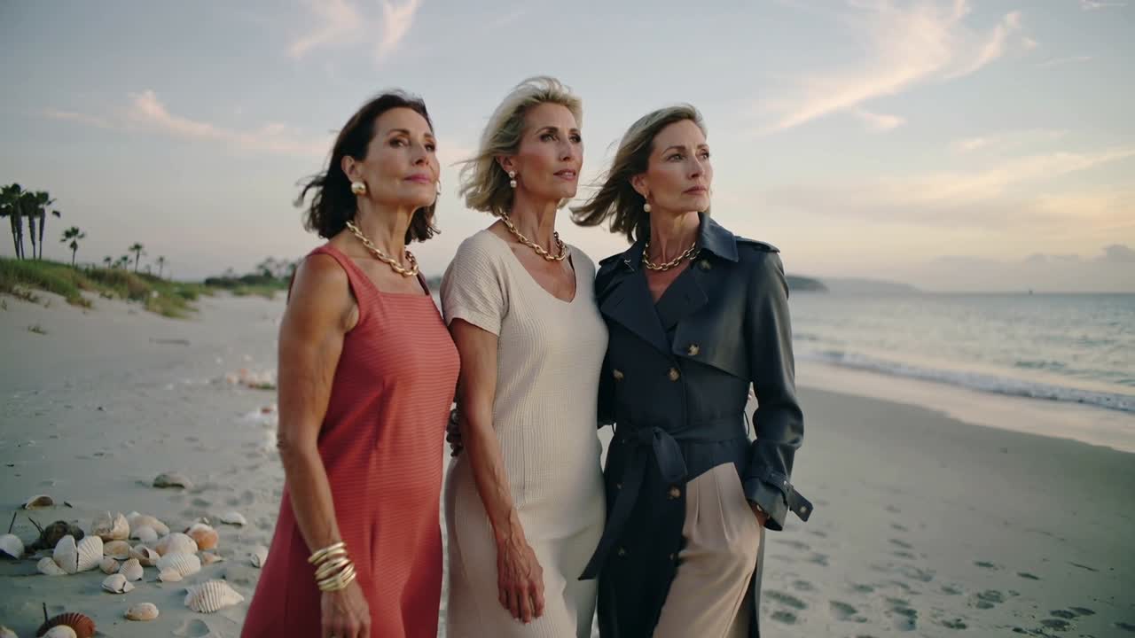 Kamera bevæger sig tættere på og viser 3 kvinder, der holder arm i arm, poserer og ser på solnedgangen ved stranden i kjoler og trenchcoat.