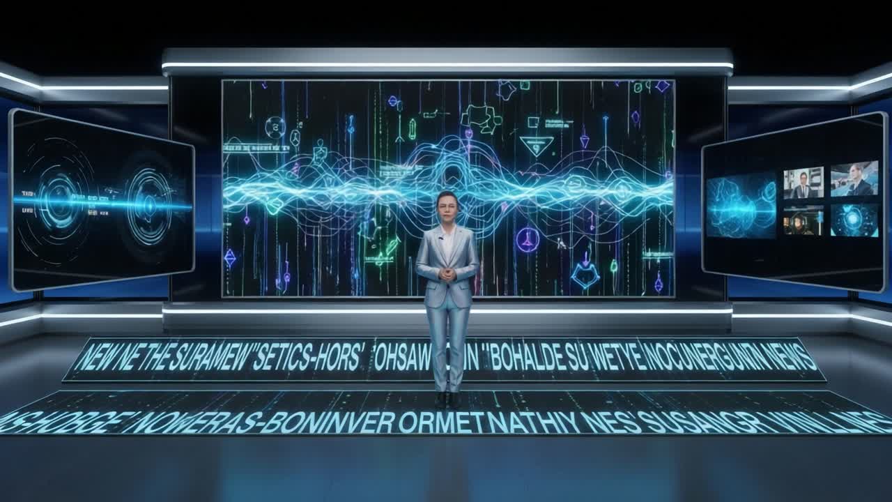 A futuristic digital presentation showcasing a professional speaker against a backdrop of dynamic data visualizations and advanced technology elements in a virtual studio setting