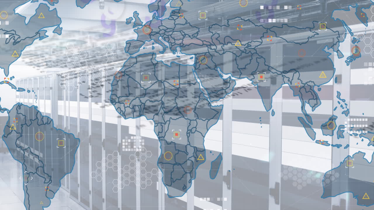 Animation of data and world map over servers