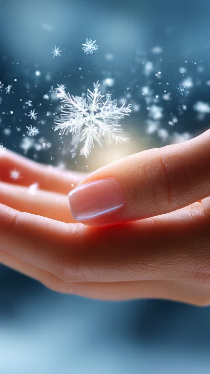 A delicate moment captured in a serene atmosphere, as a hand gently cradles a snowflake, symbolizing the beauty and transience of winter, showcasing the magic of falling snowflakes in a tranquil setting