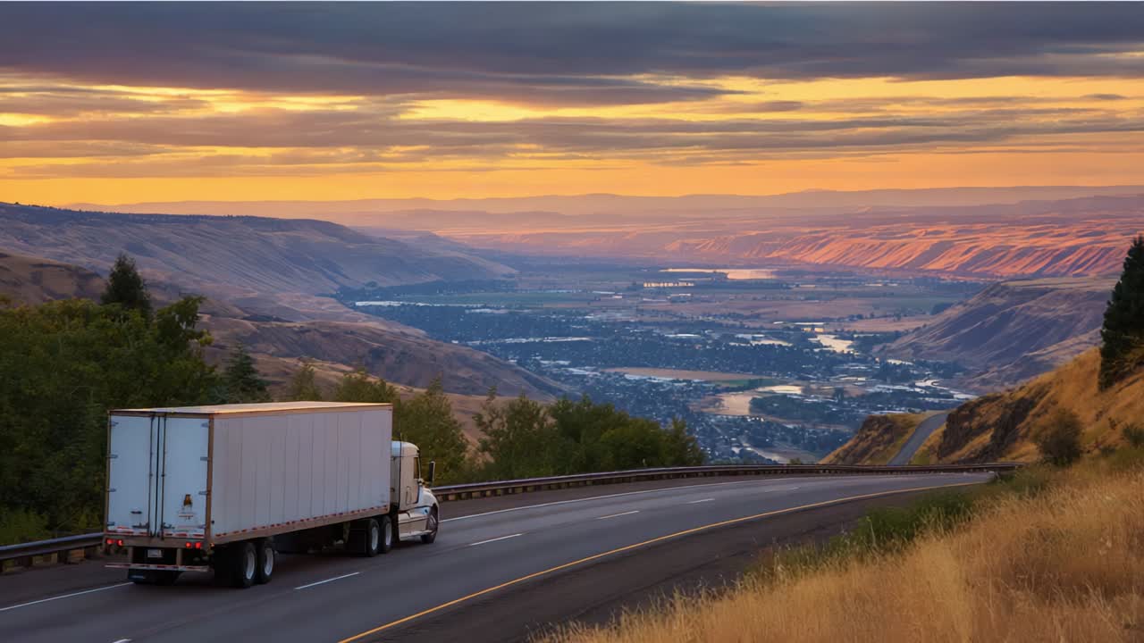 A Truck's Journey Through Majestic Landscapes at Dusk: Captivating Views of Rolling Hills and a Samite River Below, as Day Turns to Night and Colors in the Sky Transform with the Setting Sun
