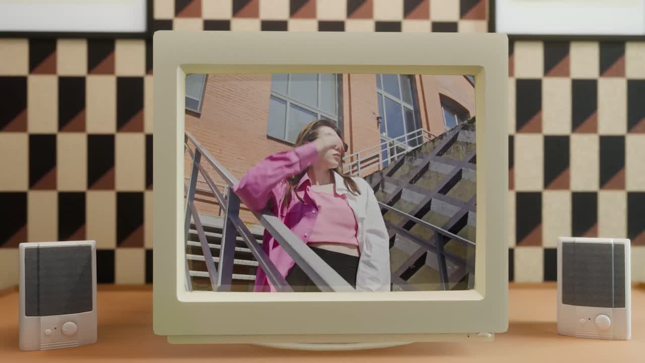 Stilfuld kvinde poserer på retro CRT-skærm.