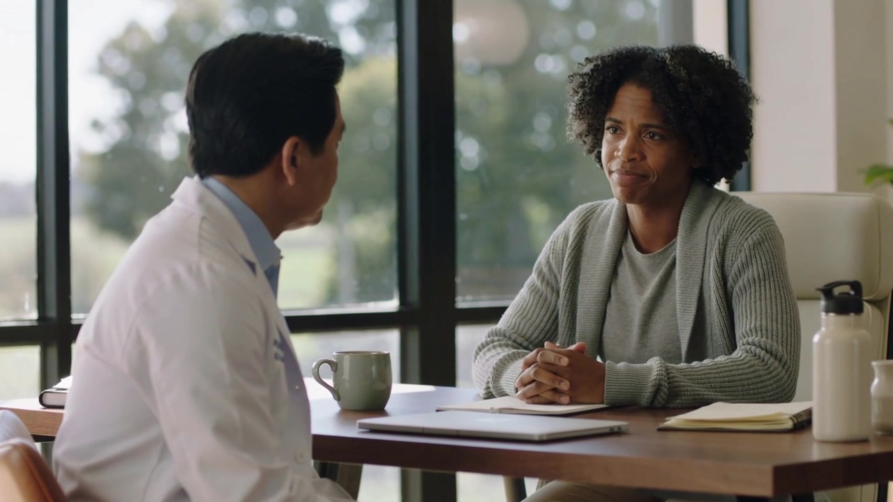 Speaking patient gesturing after clinician in white coat listening at clinic, mug, copy space