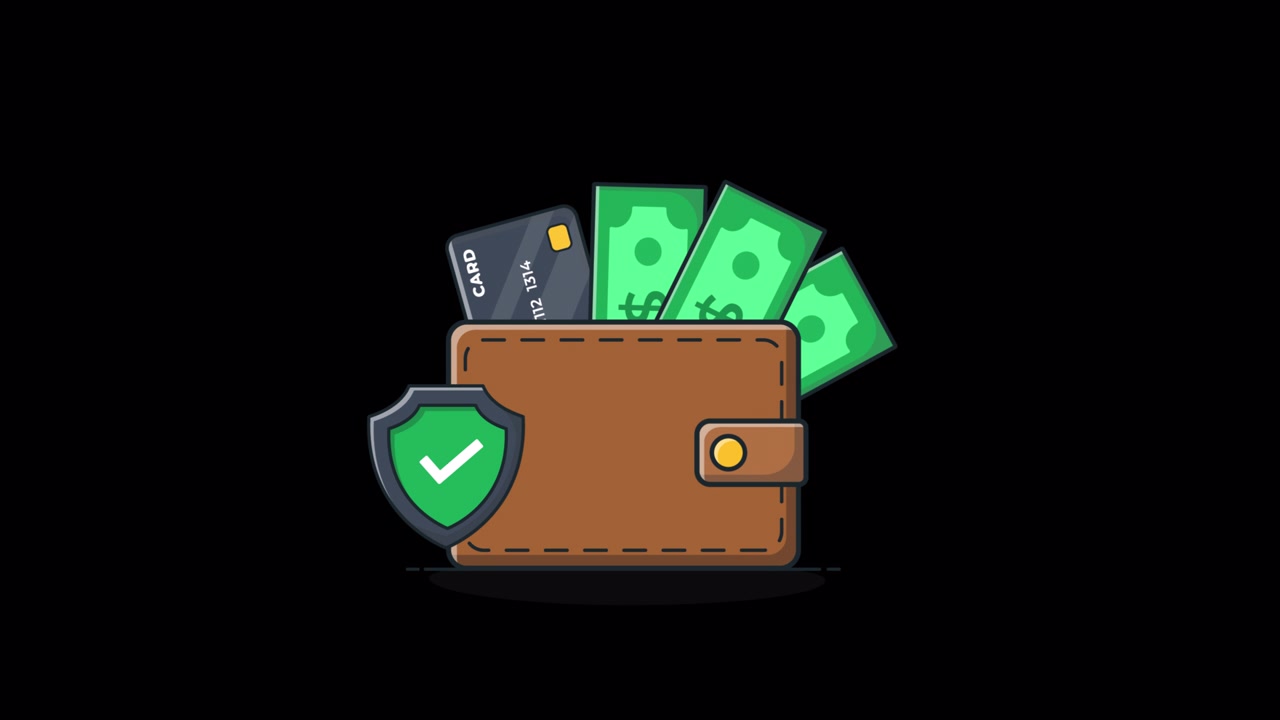 Animated Wallet with Money and Credit Card Protected by Security Shield