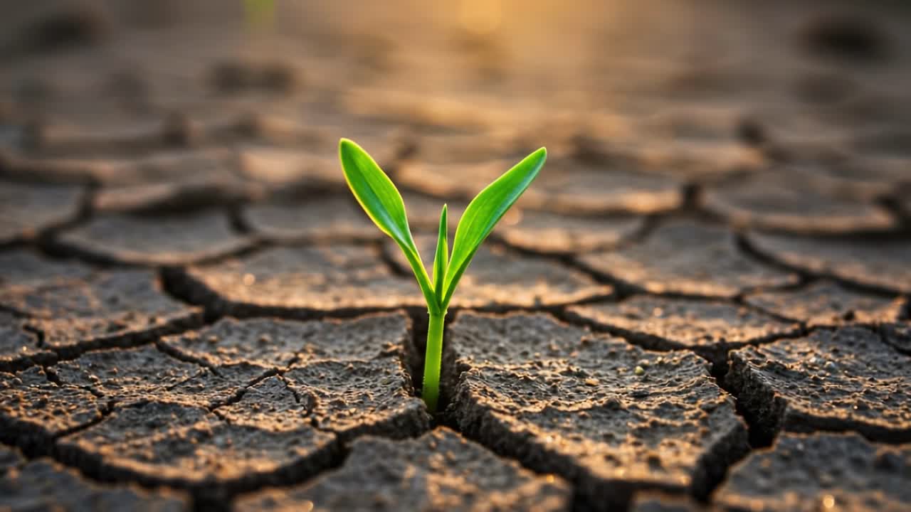 A new plant bravely breaks through the dry, cracked soil, symbolizing resilience and hope amidst a barren landscape bathed in the warm hues of sunset