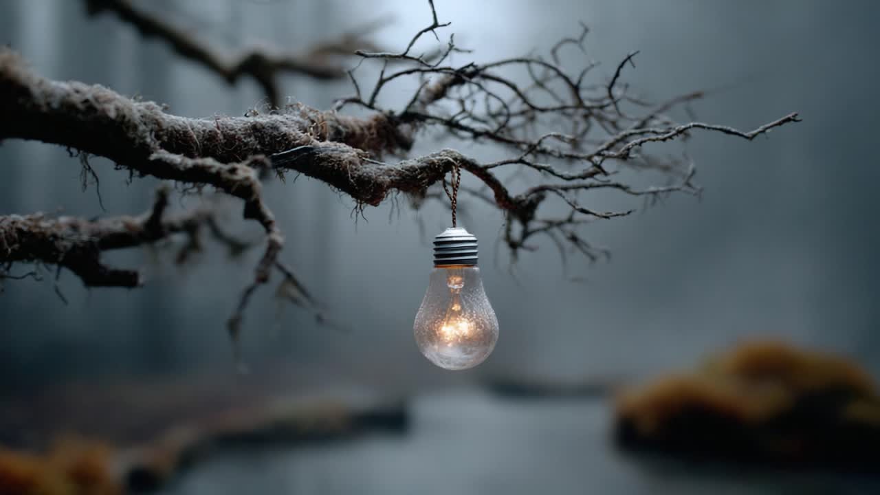 A Glowing Light Bulb Hangs from an Ancient Branch, Casting a Warm Glow Amidst the Misty Forest Landscape, Evoking a Sense of Mystery and Tranquility