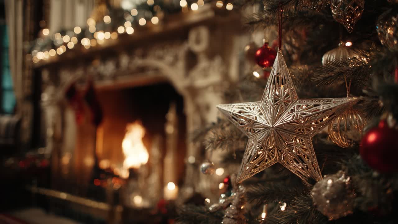 A Cozy Christmas Setting Featuring a Beautifully Decorated Tree Adorned with a Shining Star and Glimmering Ornaments in Front of a Crackling Fireplace