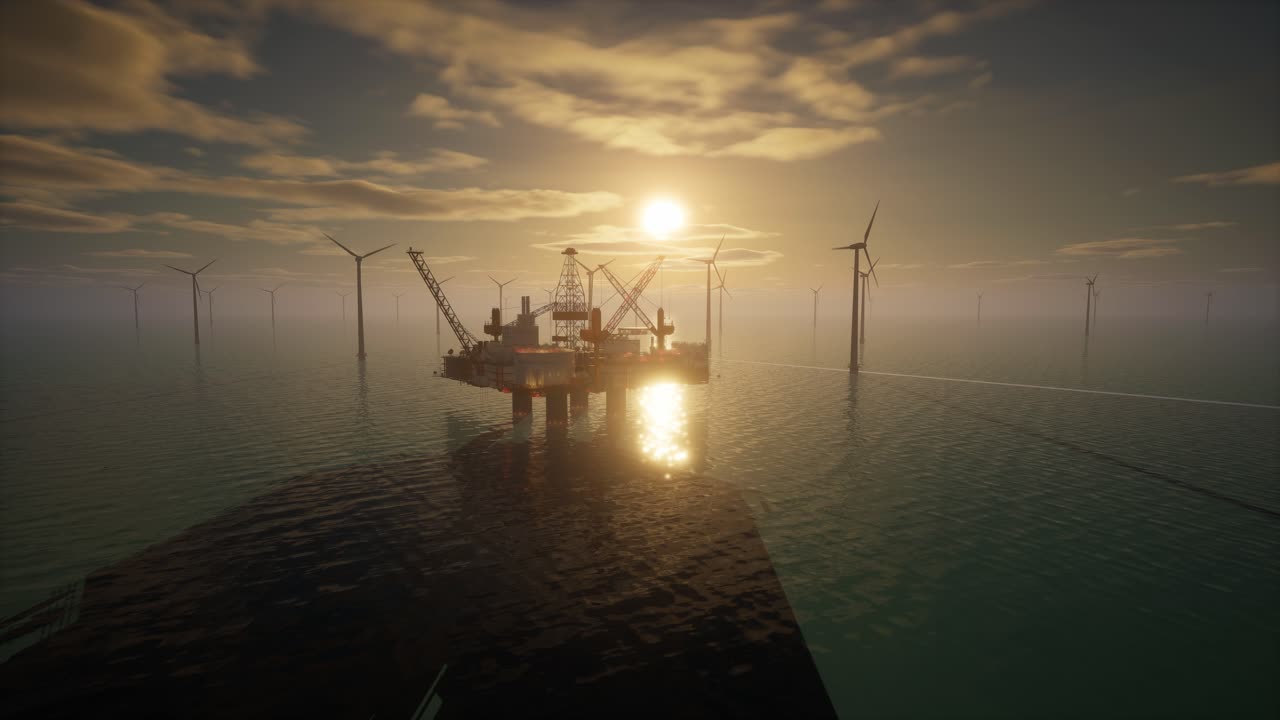 Offshore olieplatform og vindmøller ved solnedgang, energiovergang