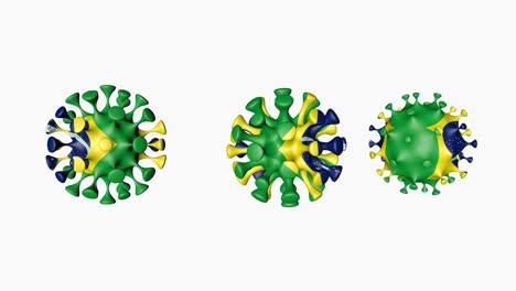 3d animación coronavirus 2019-ncov de brasil. bandera brasileña en las esferas de bola de virus covid-19, en fondo blanco. canal alfa