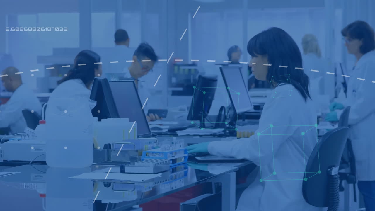 실험실에서 다양한 과학자들에 대한 데이터 처리 애니메이션