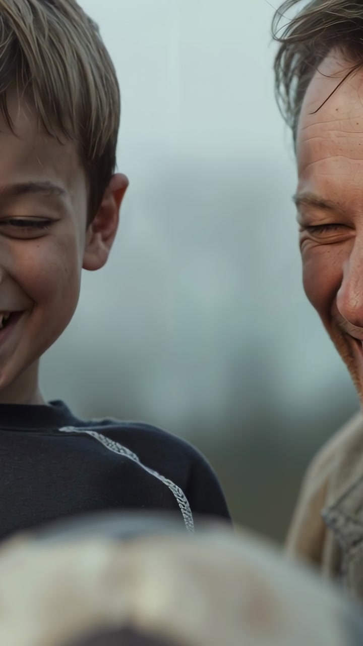 Vertical video: Smiling father and son noticing ball at park, sharing laugh in light jacket
