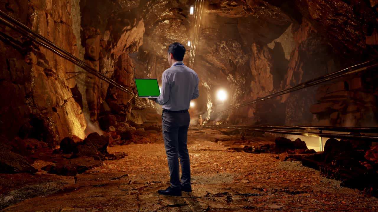 Full Body Back View Of An Asian Male Professional Worker Standing In Underground Mine Tunnel, Typing On Laptop'S Keyboard With Green Screen And Look At The Factory Once