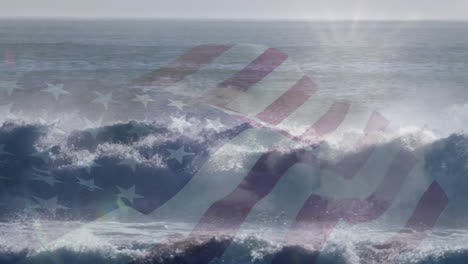 composición digital de agitarnos la bandera contra las olas en el mar