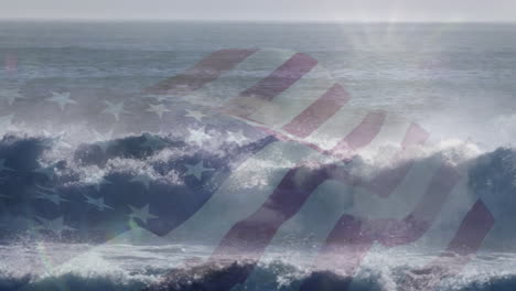 digital composition of waving us flag against waves in the sea