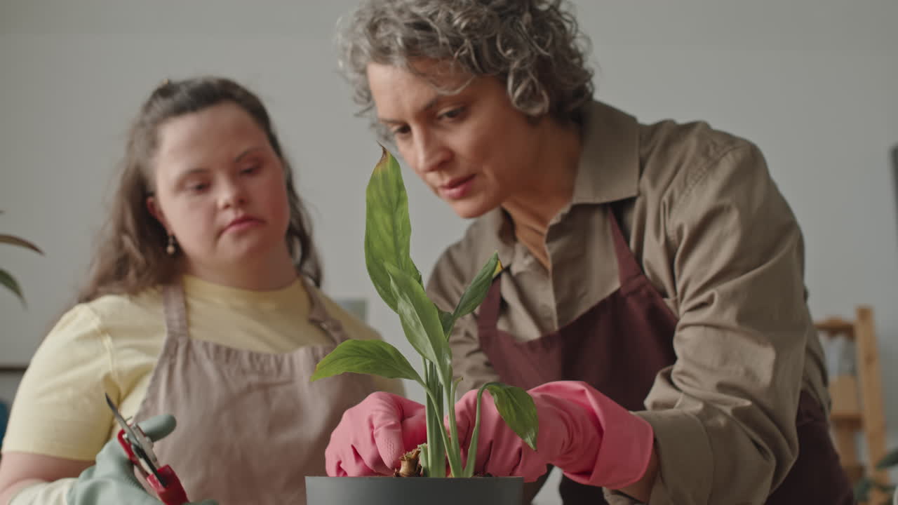 Two women with Down Syndrome pruning a plant together
